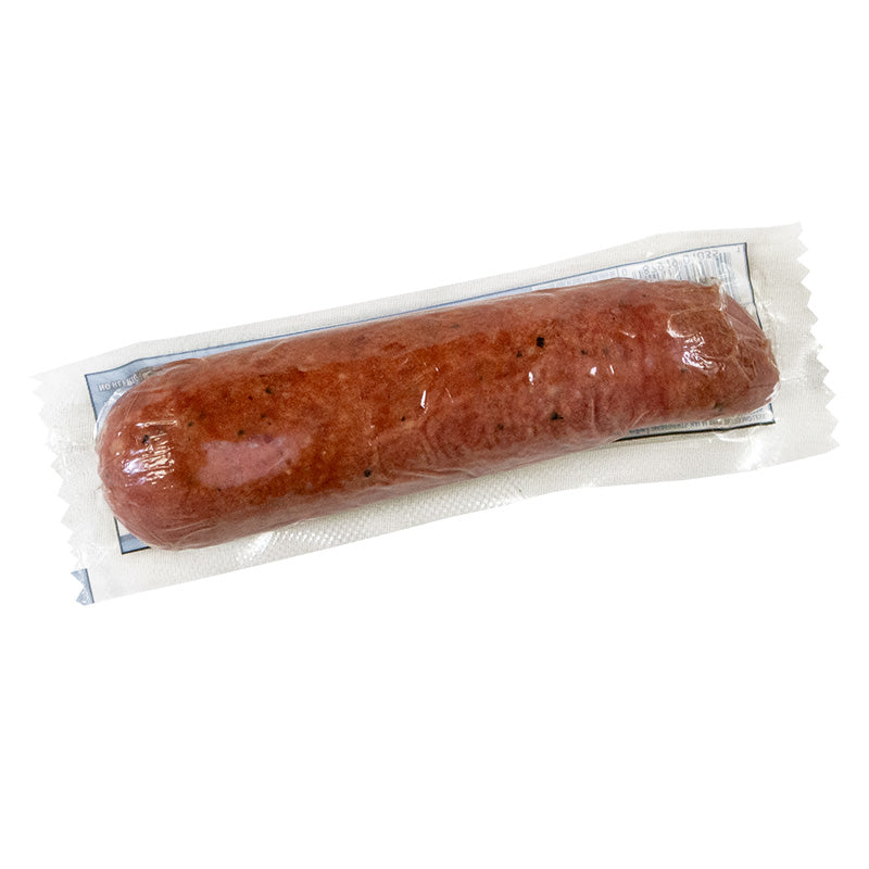 The back of a package of midamar halal beef sausage, the sausage had visible specs of pepper. 