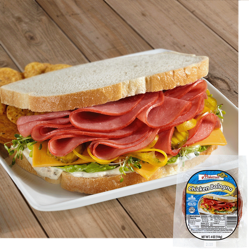 A chicken bologna sandwich on white bread. The chicken bologna is piled high on a bed of American cheese, alfalfa sprouts, lettuce, and a white condiment. At the back of the plate is a small pile of chips. A package of Midamar Chicken Bologna is overlaid in the bottom right corner. 