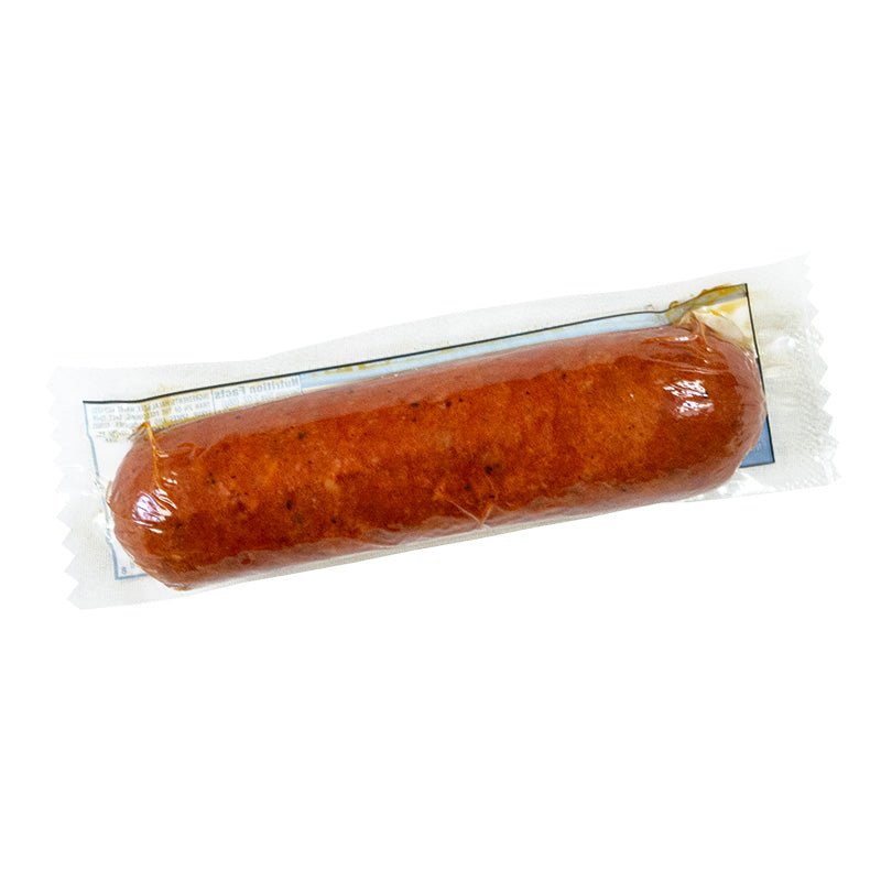 The back of a package of midamar hot and spicy halal beef sausage, the sausage has visible specs of pepper.