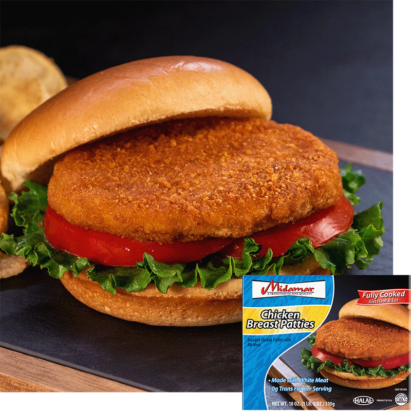 A Halal chicken patty on a bun with tomato and lettuce on a black cutting board. A package of Midamar Chicken Breast Patties is overlaid in the bottom right corner.