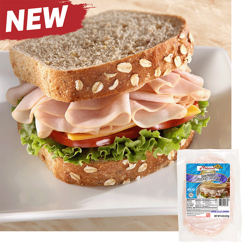 a turkey sandwich with oats baked into the top of the bread. The sandwich is piled high with Midamar halal turkey which is resting on a slice of cheese, tomatoes, and lettuce. In the bottom corner is an image of the product package