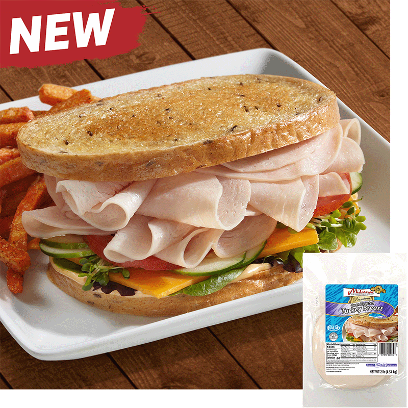 A turkey breast sandwich with cheese, cucumbers, tomato and leafy greens with potato frys on a white plate. A package of Midamar Turkey Breast is overlaid in the bottom right corner.