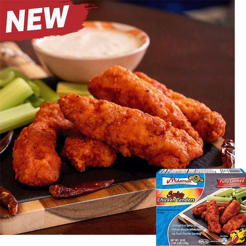 Midamar Spicy Chicken tenders are sitting on a cutting board with celery sticks, dried peppers, and a bowl of blue cheese. A package of Midamar Spicy Chicken Tenders is overlaid on top. 